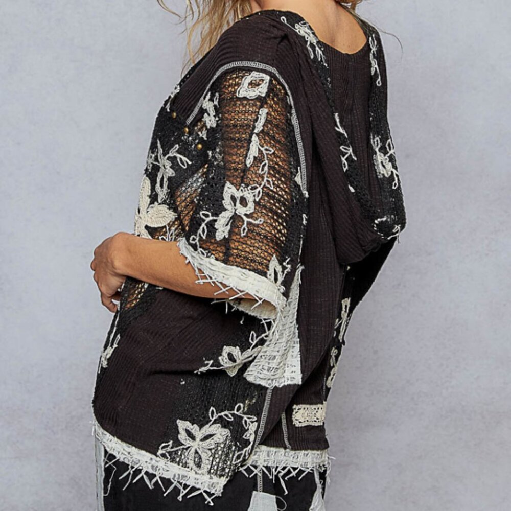 072POL Patchwork Hoodie Short Sleeve Black NEW Size Large - Picture 4 of 5